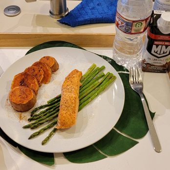 Sky Life Recovery - Baked salmon asparagus and sweet potatoes.  Fresh fruit and fresh pineapple  tea - Personal Care Services Near Me - Houston, Texas