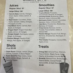 Urban Life Center - Menu includes many juices and smoothies, with a few health shots and treats.