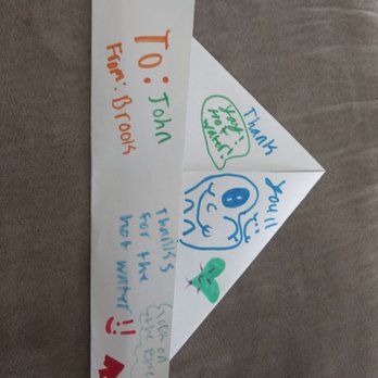 Decker Electric - Here's the thank you letter my daughter made for Brian after I told her he was here so that she didn't have to take freezing showers anymore - Electricians Near Me