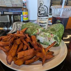 Carali's Rotisserie Chicken - Carali's wrap with sweet potato fries and a small beverage