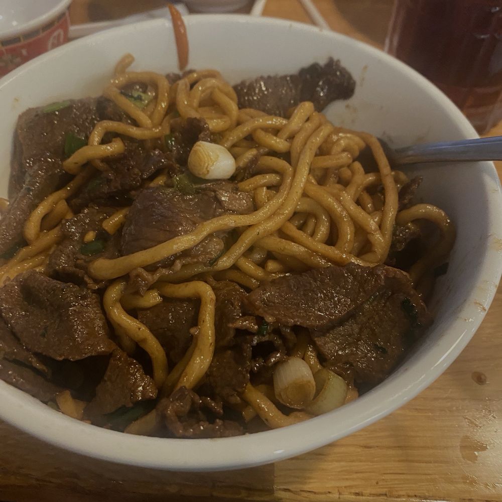 Bowl of beef, green onions, and noodles. Bowl of beef, green onions, and noodles.