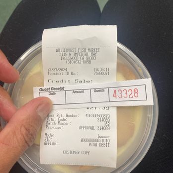 Whitehurst Fish Market - Receipt of purchase $27.39 (Fish Lunch; Med Shrimp Combo) - Seafood Markets Near Me - Inglewood, California