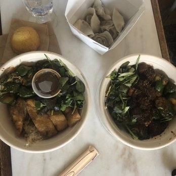 Milu - Broccoli and Mushroom Wonton (top), Yunnan Brisket Bowl (bottom right), Mandarin Duck Bowl (bottom left), pineapple bun (top left) - Chinese Near Me - New York, New York Milu - Broccoli and Mushroom Wonton (top), Yunnan Brisket Bowl (bottom right), Mandarin Duck Bowl (bottom left), pineapple bun (top left) - Chinese Near Me - New York, New York