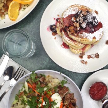 Plums Cafe - Top to bottom: Santa Fe Eggs Benedict, Northwest Berry Waffle, Vietnamese Pork & Egg Bowl - Breakfast & Brunch Near Me - Costa Mesa, California