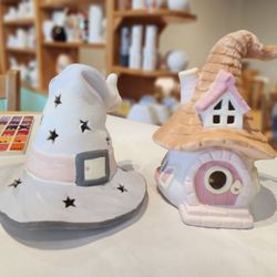 Color Me Mine - After painting, Witch Hat and cute house candle holders