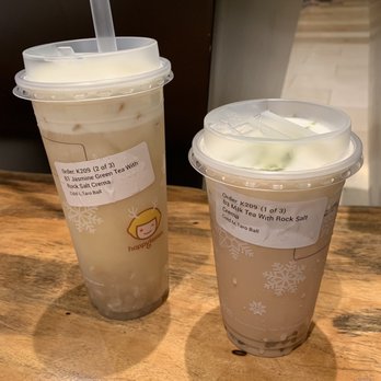 Happy Lemon - Jasmine green tea with rock salt crema (meh) and milk tea with rock salt crema (AMAZEBALLS) - Bubble Tea Near Me - Bellevue, Washington Happy Lemon - Jasmine green tea with rock salt crema (meh) and milk tea with rock salt crema (AMAZEBALLS) - Bubble Tea Near Me - Bellevue, Washington