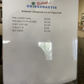 Redlands Chiropractic - Applicable fees as of 5/16/2020 for completing any EDD/FMLA/JURY FORMS and requests for medical records. Seems steep to me. - Chiropractors Near Me - Redlands, California Redlands Chiropractic - Applicable fees as of 5/16/2020 for completing any EDD/FMLA/JURY FORMS and requests for medical records. Seems steep to me. - Chiropractors Near Me - Redlands, California