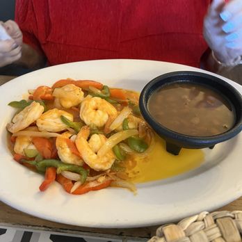 Xochipilli Taco Bar - Camarones Rancheros, it comes with rice and refried beans, but they only wanted whole beans, no rice. - New Mexican Cuisine Near Me - Van Nuys, California