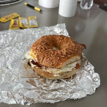 Marathon Bagel - Toasted Asiago Bagel, Jalapeno Cheddar CC, Bacon, Two Egg Sandwich - Sandwiches Near Me - Marathon, Florida