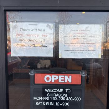 Shirasoni Japanese Restaurant - This is new . It's usually six people or more before they add this 20% service fee. Now you pay to sit in and dine . - Teppanyaki Near Me - Alameda, California