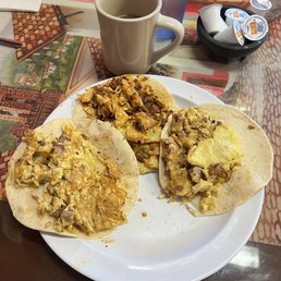 Bacon egg, chorizo breakfast tacos