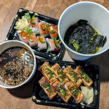 Kishimoto Japanese Kitchen - Sous vide duck soba, Hamachili jalapeno roll, and aburi salmon oshi roll - Japanese Near Me - Vancouver, British Columbia Kishimoto Japanese Kitchen - Sous vide duck soba, Hamachili jalapeno roll, and aburi salmon oshi roll - Japanese Near Me - Vancouver, British Columbia