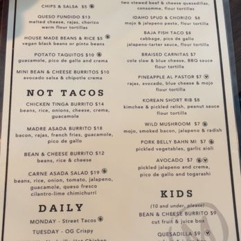 Madre - Boutique Taqueria - Menu as of Aug 2026 - Tacos Near Me - Boise, Idaho