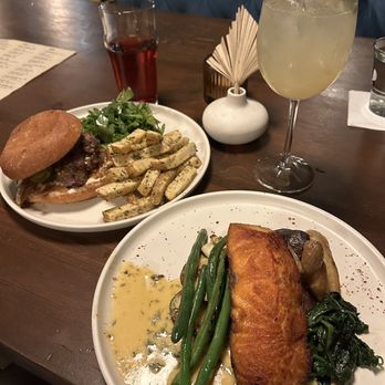 PUBlic Legacy - Salmon plate with potatoes, spinach, and green beans, legacy smash burger, hibiscus beer, and day singer. - Cocktail Bars Near Me - Orange, California