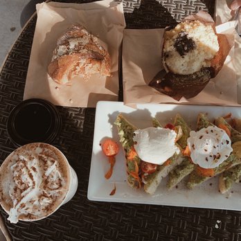 Romancing the Bean Cafe - Almond Croissants, blueberry muffin, avocado toast (with poached egg), pumpkin pie latte and an iced Maple blonde latte - Coffee & Tea Near Me - Burbank, California Romancing the Bean Cafe - Almond Croissants, blueberry muffin, avocado toast (with poached egg), pumpkin pie latte and an iced Maple blonde latte - Coffee & Tea Near Me - Burbank, California