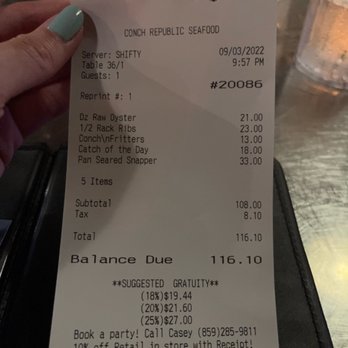 Conch Republic Seafood - Receipt - Seafood Near Me - Key West, Florida
