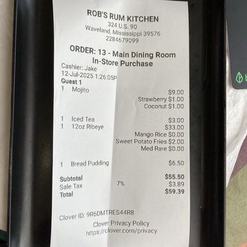 Rob’s Rum Kitchen - The Check for an amazing meal - Caribbean Near Me - Waveland, Mississippi