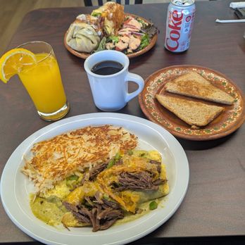 Ah Huevo - Peppery Poblano Omelette and Breakfast Burrito, fresh squeezed orange juice and sweet and spicy Mexican coffee. - Mexican Near Me - Pleasanton, California