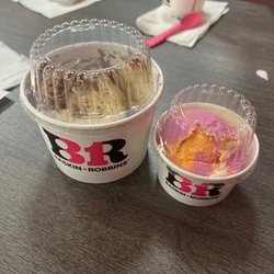 Baskin-Robbins - Vanilla Chocolate chip and one scoop of chocolate and a small side of Rainbow Sherbert