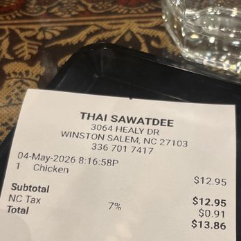 Thai Sawatdee - Reciept - Thai Near Me - Winston-Salem, North Carolina