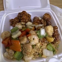 Salt and Pepper Shrimp, Orange Chicken, Garlic Chicken and Rice.