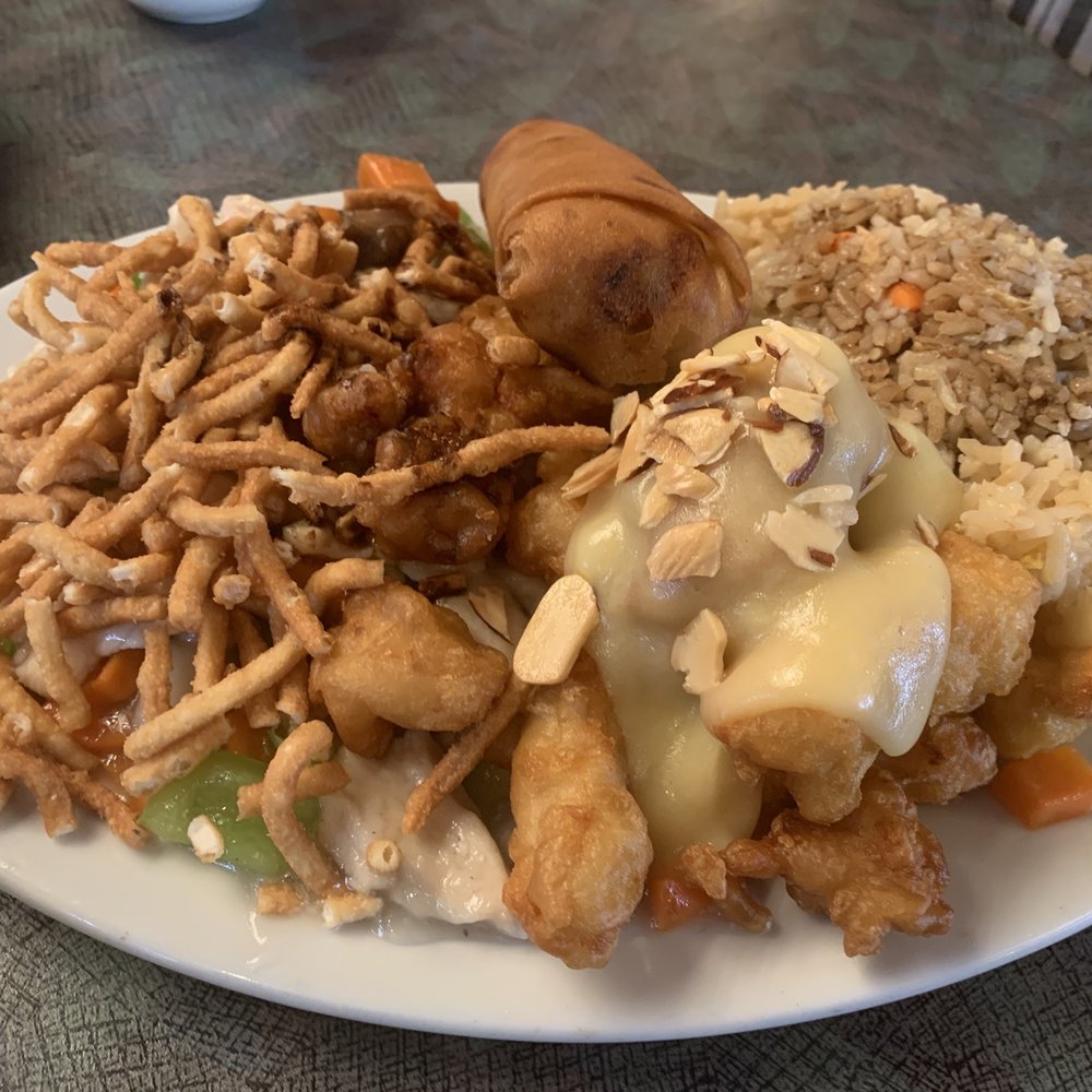 Jade Garden - Combo plate number two chicken sub gum, almond chicken, pork fried rice, egg-roll,  egg drop soup - Chinese Near Me - Helena, Montana