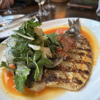 The Allis - Branzino - A grilled fish fillet topped with herbs and accompanied by a side of fresh greens and vegetables, served on a white plate. - Lounges Near Me - Chicago, Illinois