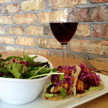 Leaf Vegetarian Restaurant - Buffalo Cauliflower tacos + side salad + pinot noir - Vegetarian Near Me - Boulder, Colorado