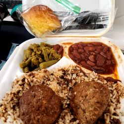 Joub’s Taste of The Boot - Meat balls over rice and gravy with green beans, cornbread, and red beans with sausage.