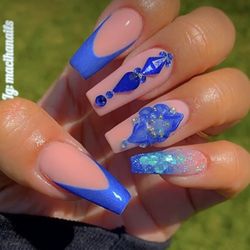 Royal Ha Beauty Lounge & Nail Spa - Blue French with rhinestones and ombre glitter pinkie;