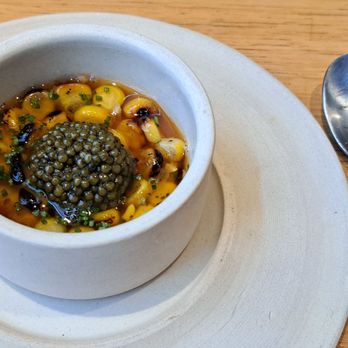 Ravintola Grön - Smoked pork fat chawamushi (egg custard), corn and Rossini black label caviar. 2024 09 13. M1. - Vegetarian Near Me - Helsinki, 01