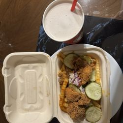 Regular Top Loaded Fries (no spice), regular Chocolate Shake