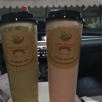 Taste Tea Cafe - chrysanthemum milk tea (off menu) w pudding and strawberry with pudding - Taiwanese Near Me - Artesia, California