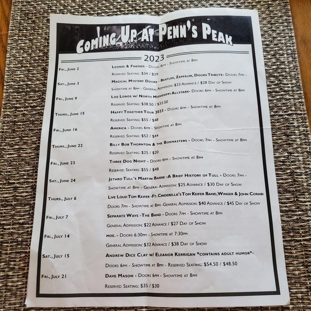 Penn's Peak - JUNE Music Schedule At Penn's Peak Concert Hall. 6/4/2023 - Music Venues Near Me - Jim Thorpe, Pennsylvania Penn's Peak - JUNE Music Schedule At Penn's Peak Concert Hall. 6/4/2023 - Music Venues Near Me - Jim Thorpe, Pennsylvania