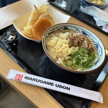 Marugame Udon - Regular Beef Udon w/ free toppings Potato croquette Sweet potato tempura Squid tempura Shrimp tempura - Japanese Near Me - San Ramon, California