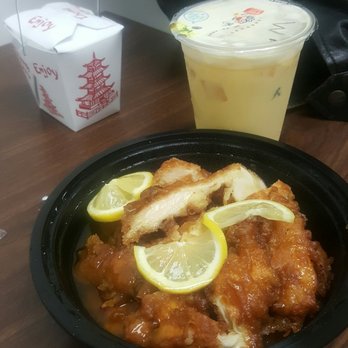 Tea 'n' Bowl - Breaded lemon chicken, side of rice (included), with a boba milk tea. Yummm - Bubble Tea Near Me - Cincinnati, Ohio