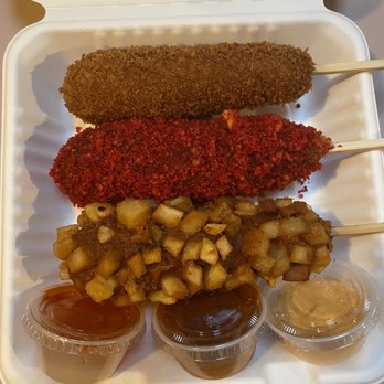 Mochinut - Original half & half Hot Cheetos half & half Potato half & half Dipping sauces - Hot Dogs Near Me - Beaverton, Oregon Mochinut - Original half & half Hot Cheetos half & half Potato half & half Dipping sauces - Hot Dogs Near Me - Beaverton, Oregon