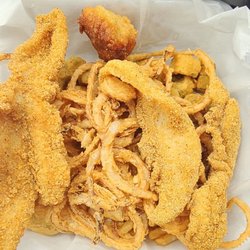 The Lazy Fisherman - Catfish Dinner (Catfish, onion rings, fries, okra, hushpuppy)