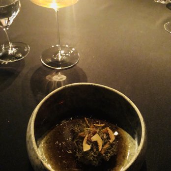 Aska - Lichen reduced and caramelized cream, preserved pine shoots, broth from chanterelle mushroom, spruce vinegar - Scandinavian Near Me - Brooklyn, New York Aska - Lichen reduced and caramelized cream, preserved pine shoots, broth from chanterelle mushroom, spruce vinegar - Scandinavian Near Me - Brooklyn, New York