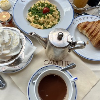 Carette - chive scrambled eggs, orange juice, croissant, hot chocolate with whipped cream. - Tea Rooms Near Me - Paris, 75 Carette - chive scrambled eggs, orange juice, croissant, hot chocolate with whipped cream. - Tea Rooms Near Me - Paris, 75
