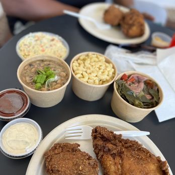 Soul Bites - Maple Brine Fried Chicken, Mac N Cheese small, Collard Greens w/ smoked Turkey, and Potato Salad - Soul Food Near Me - Santa Barbara, California Soul Bites - Maple Brine Fried Chicken, Mac N Cheese small, Collard Greens w/ smoked Turkey, and Potato Salad - Soul Food Near Me - Santa Barbara, California