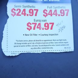 Coupon clearly states synthetic oil change $44.97. I Drive a Corolla, nothing exotic or a truck that requires extra oil. Coupon clearly states synthetic oil change $44.97. I Drive a Corolla, nothing exotic or a truck that requires extra oil.