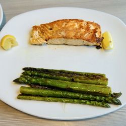 Perkins American Food - 7/31/25 - garlic Grilled salmon, with grilled asparagus and a salad
