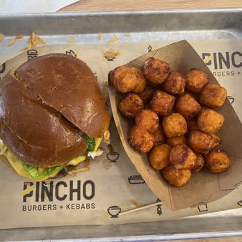 PINCHO - Pincho Burger with sweet potato tots. Yummy! - Latin American Near Me - Cypress, Texas PINCHO - Pincho Burger with sweet potato tots. Yummy! - Latin American Near Me - Cypress, Texas