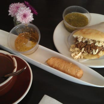 Amara Chocolate & Coffee - Sipping chocolate, arepa w/ salsa, tekes (premium white cheese wrapped in layers of crispy dough) served with jalapeno jelly - Coffee & Tea Near Me - Pasadena, California