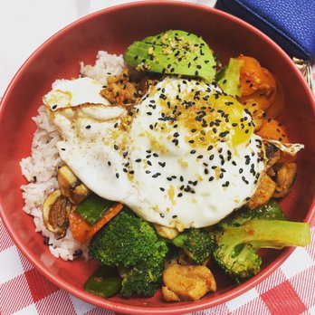 Koriente - Obake bowl with spicy chicken, egg and avocado. - Asian Fusion Near Me - Austin, Texas