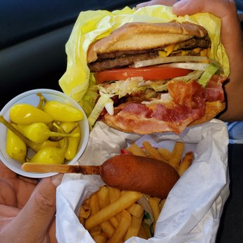 Lucky Boy - Double Bacon Cheeseburger w/ Fries, mini peppers, and a Corndog. - Fast Food Near Me - Pasadena, California Lucky Boy - Double Bacon Cheeseburger w/ Fries, mini peppers, and a Corndog. - Fast Food Near Me - Pasadena, California