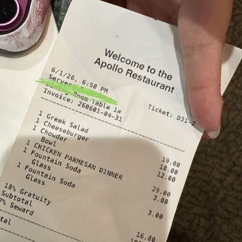 Apollo Restaurant - Receipt with date and time - Pizza Near Me - Seward, Alaska