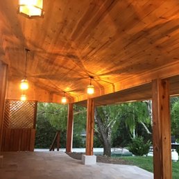 Pine tongue & groove ceiling and redwood posts with outdoor lights Pine tongue & groove ceiling and redwood posts with outdoor lights