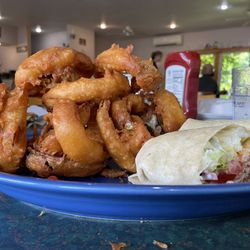 Connie's Cafe - Crispy chicken wrap with onion rings (yum!)